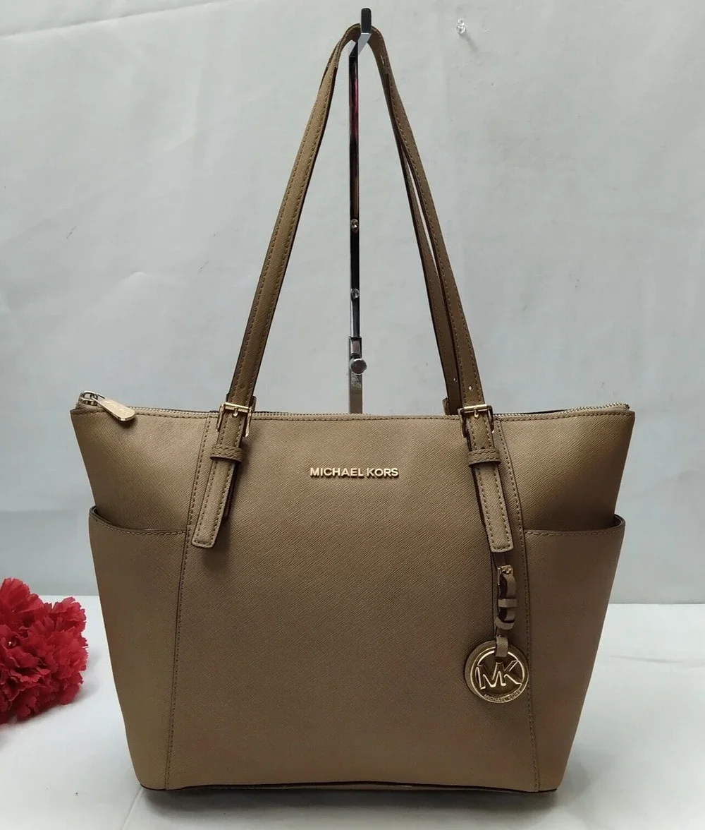 Michael Kors Jet Set Beige Leather Double Handles Zipper Tote Shoulder Bag - Picture 1 of 16